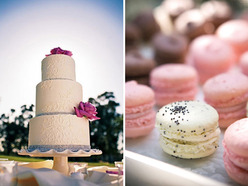 Pink and white wedding cake and macarons by Colettes Cake Goddess